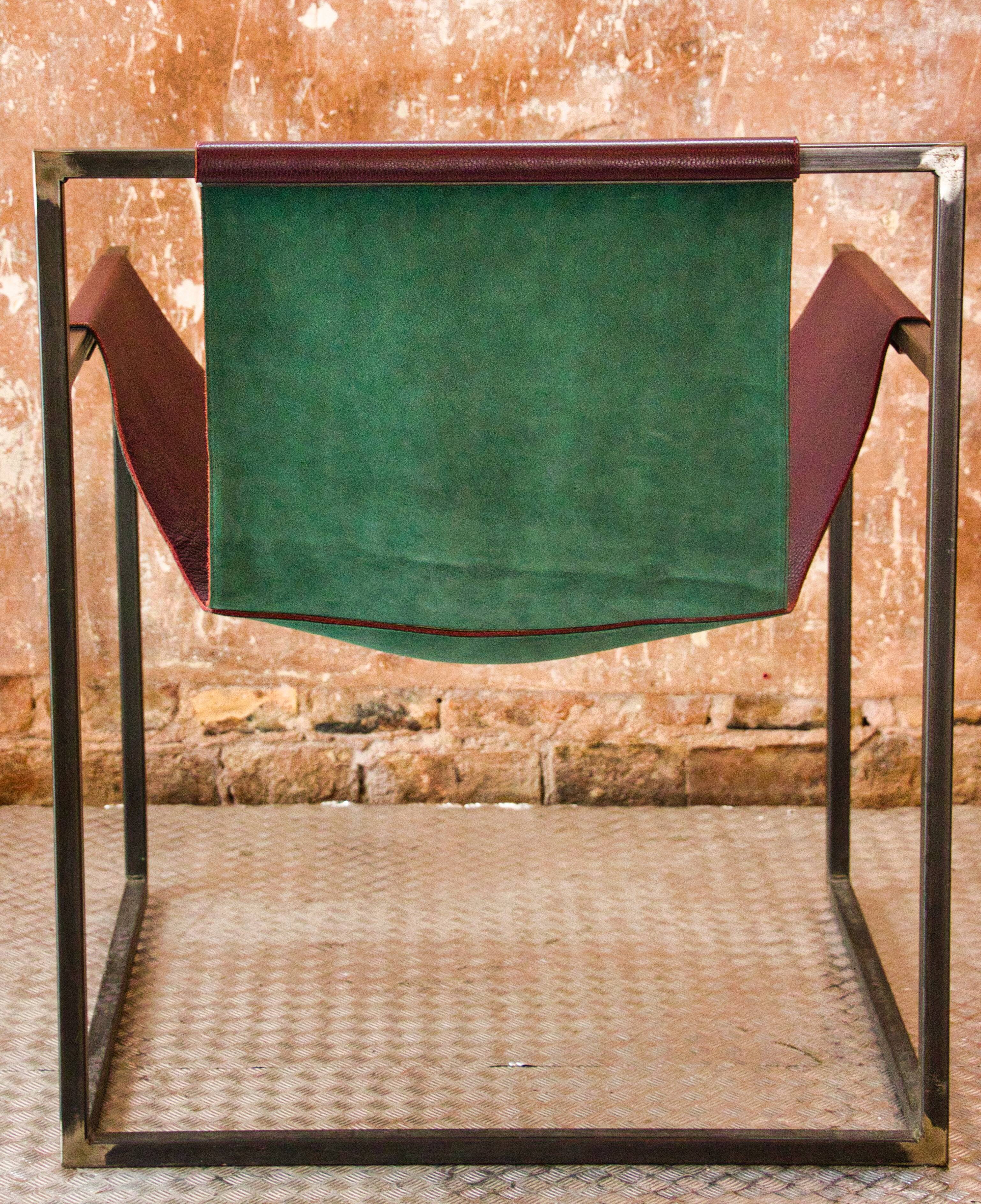 Burgundy leather armchair metal style indus contemporary design