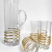 Vintage glassware set with decanter – golden spirals, France 1960