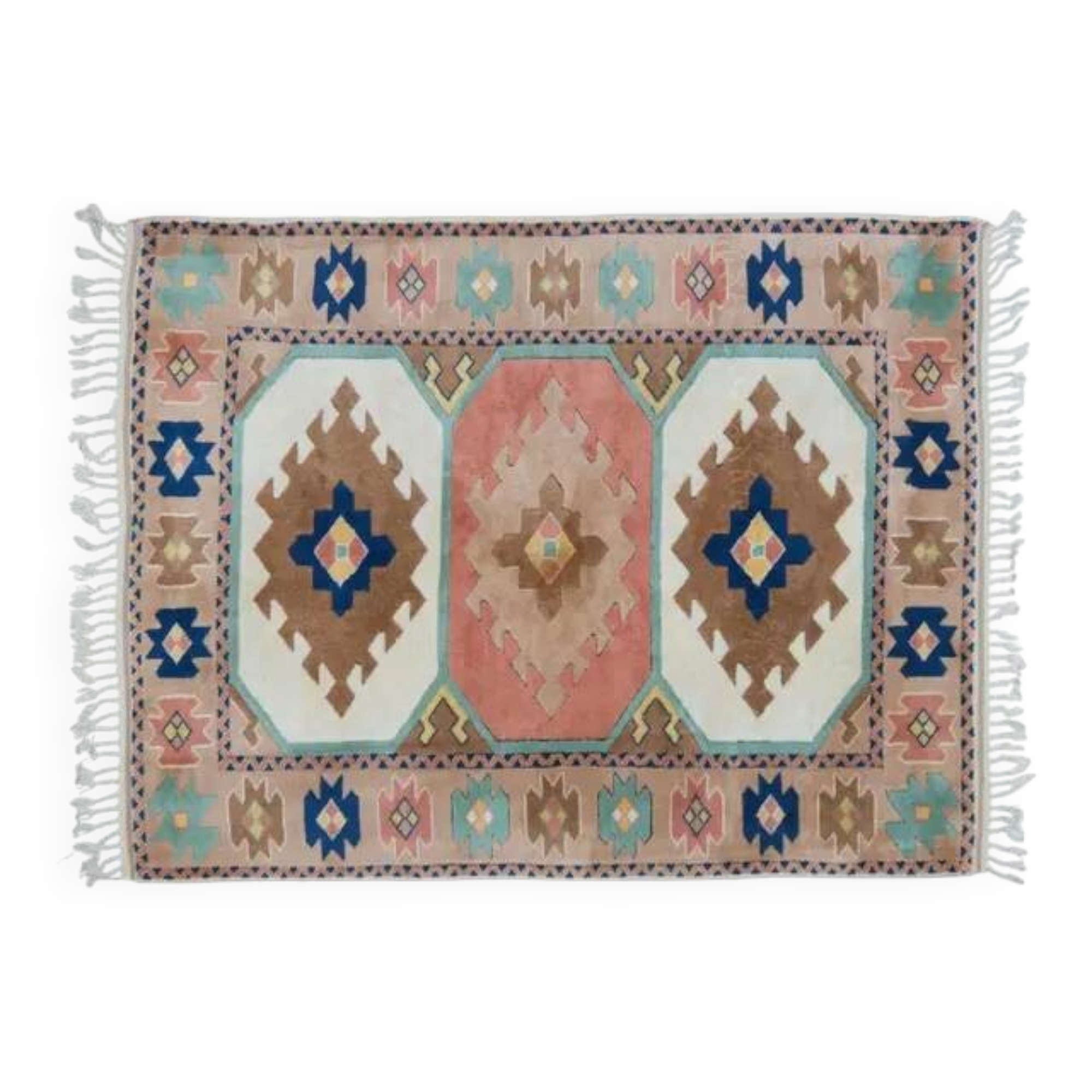 1970s Vintage Turkish Handmade Wool & Cotton Pink Area Rug 165x219