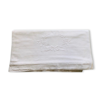HAND EMBROIDERED FLAT SHEET WHITE COTTON CROWN PATTERN