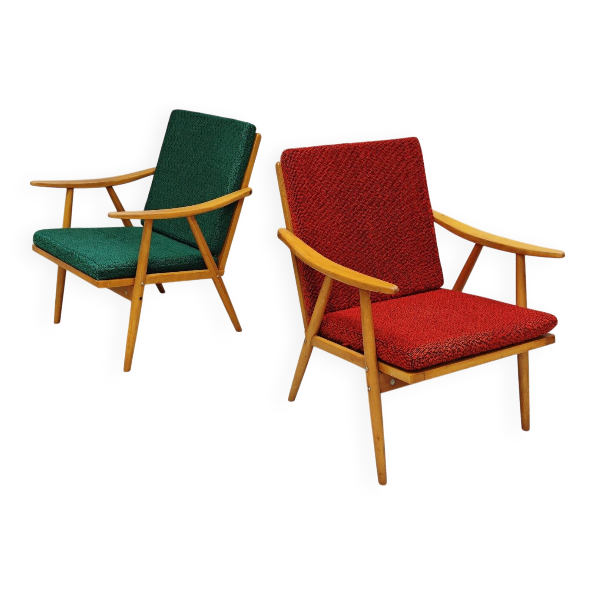 Pair of green-red boomerang armchairs by Antonin Suman for Ton (Thonet) 19