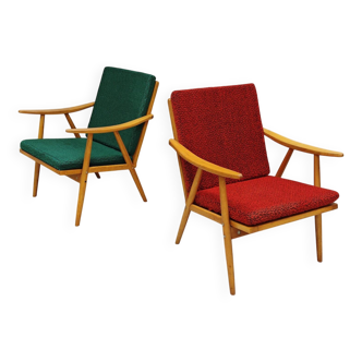 Paire de fauteuils boomerang vert rouge Antonin Suman pour Ton (Thonet) 19