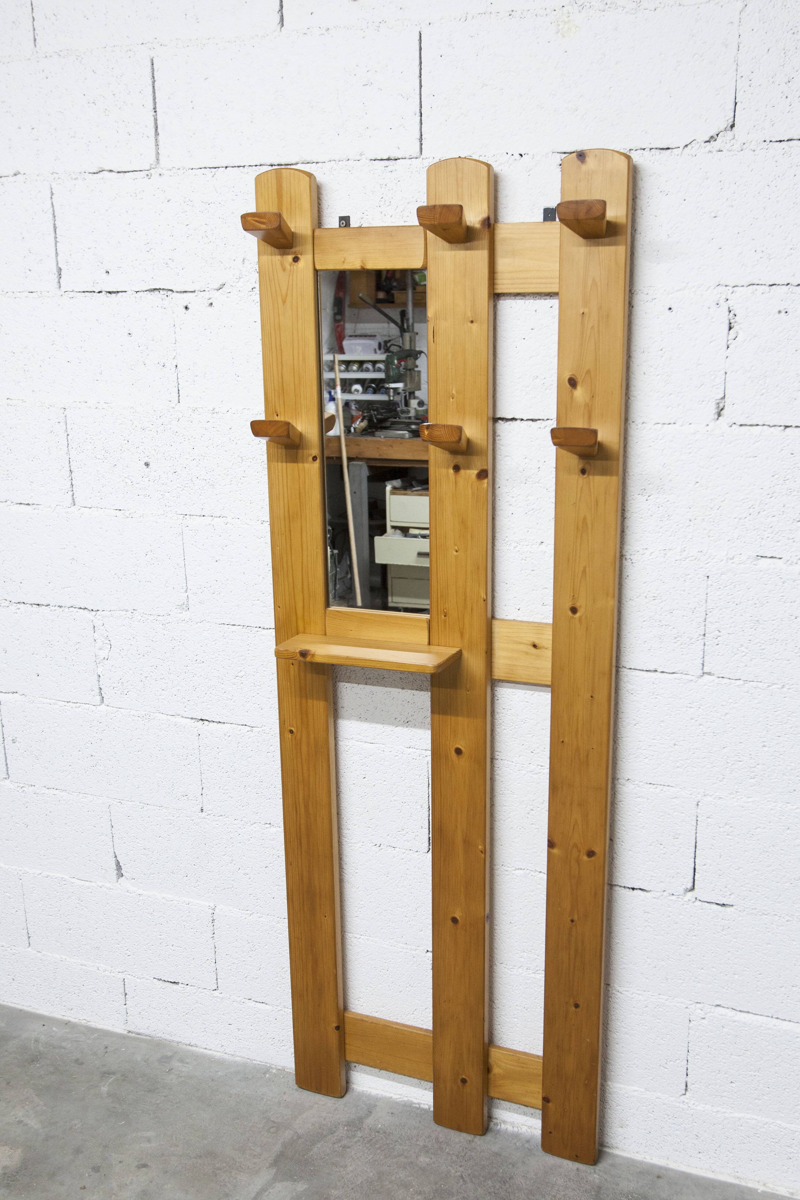 Wall-mounted coat rack, mountain style, pine, honey colour, 1970.