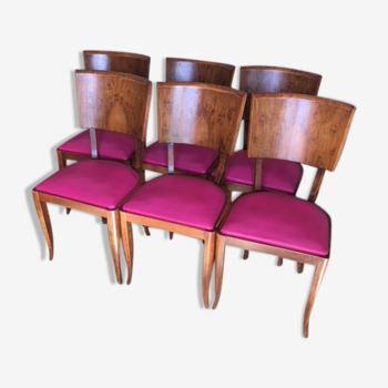 Chaises art déco en ronce de noyer et assises simili cuir fuschia