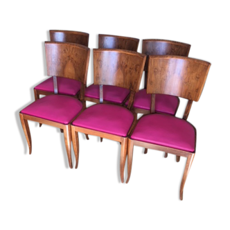 Chaises art déco en ronce de noyer et assises simili cuir fuschia