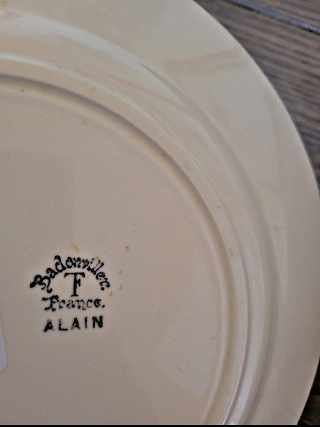 Badonviller dish model Alain, oval and round dish with blue flowers.