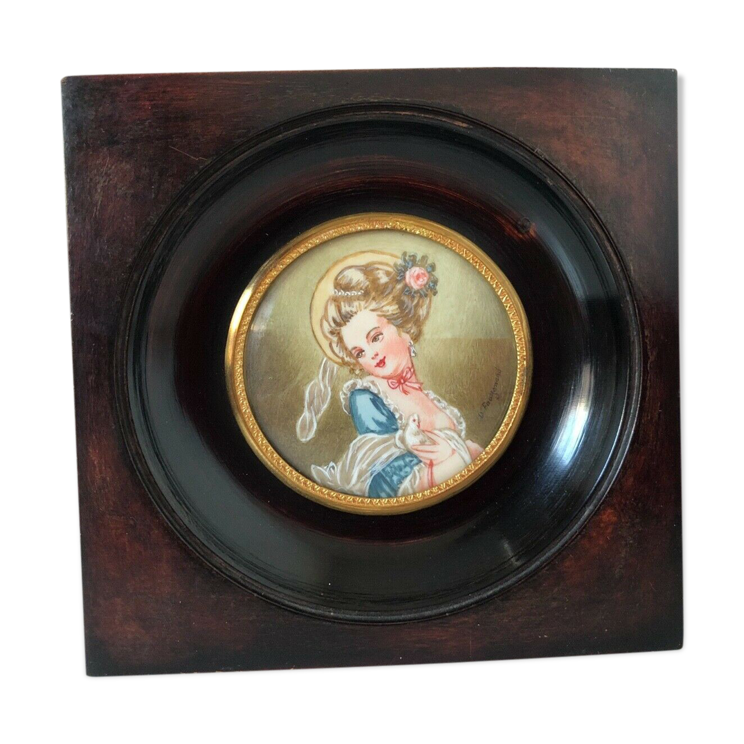 Miniature peinte à la main d'apres Fragonard cadre en bois vers 1900