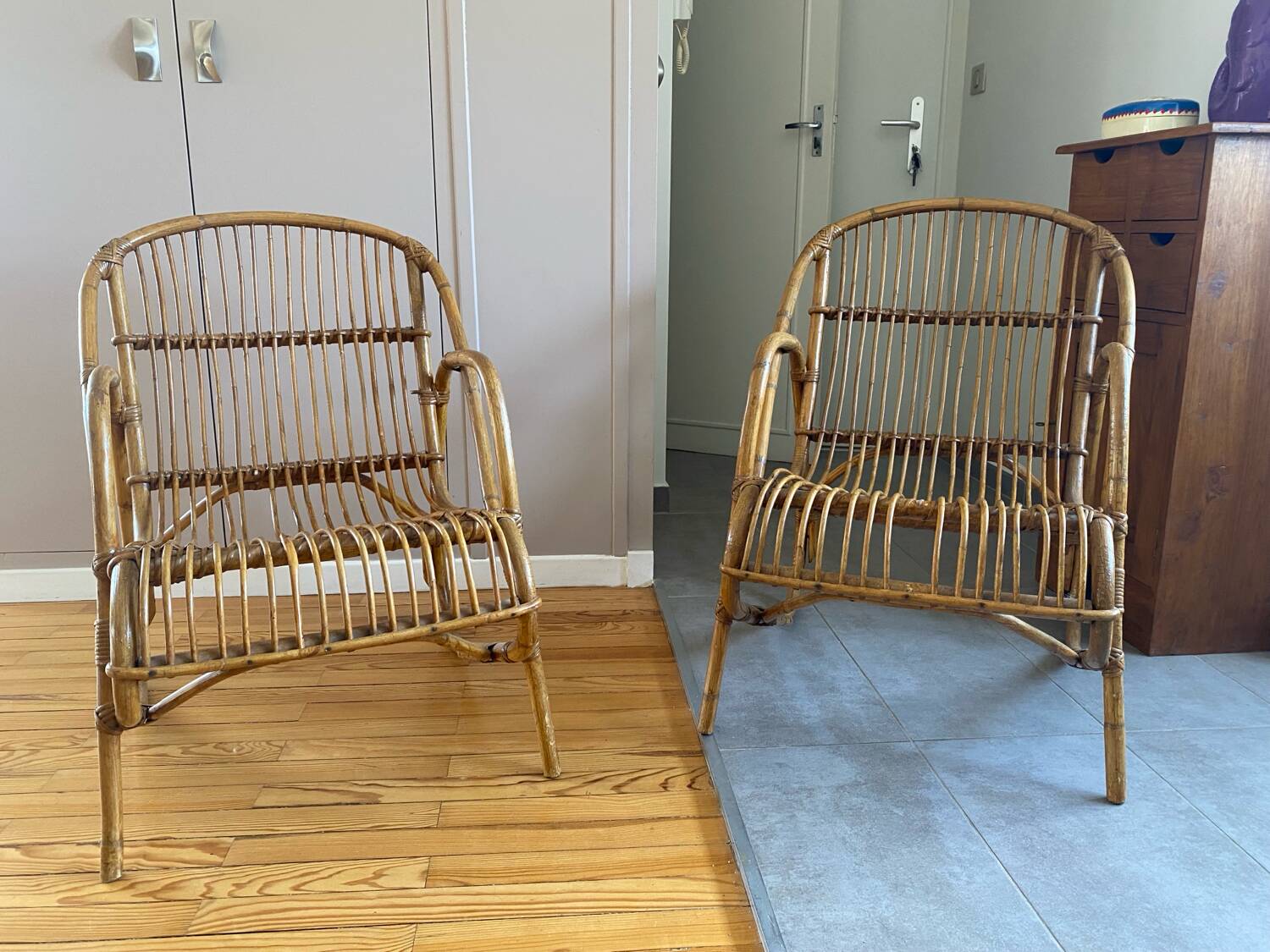 Rare pair of vintage rattan and wicker armchairs from the 1950s