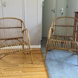 Rare pair of vintage rattan and wicker armchairs from the 1950s