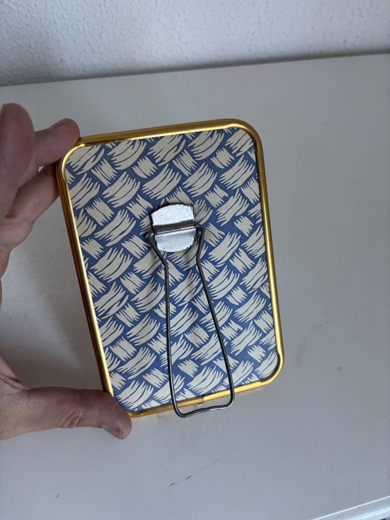 Vintage 1960 barber mirror, shaving or travel, gold and blue - 16 x 11 cm