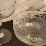 6 champagne glasses in antique glass, blown and engraved