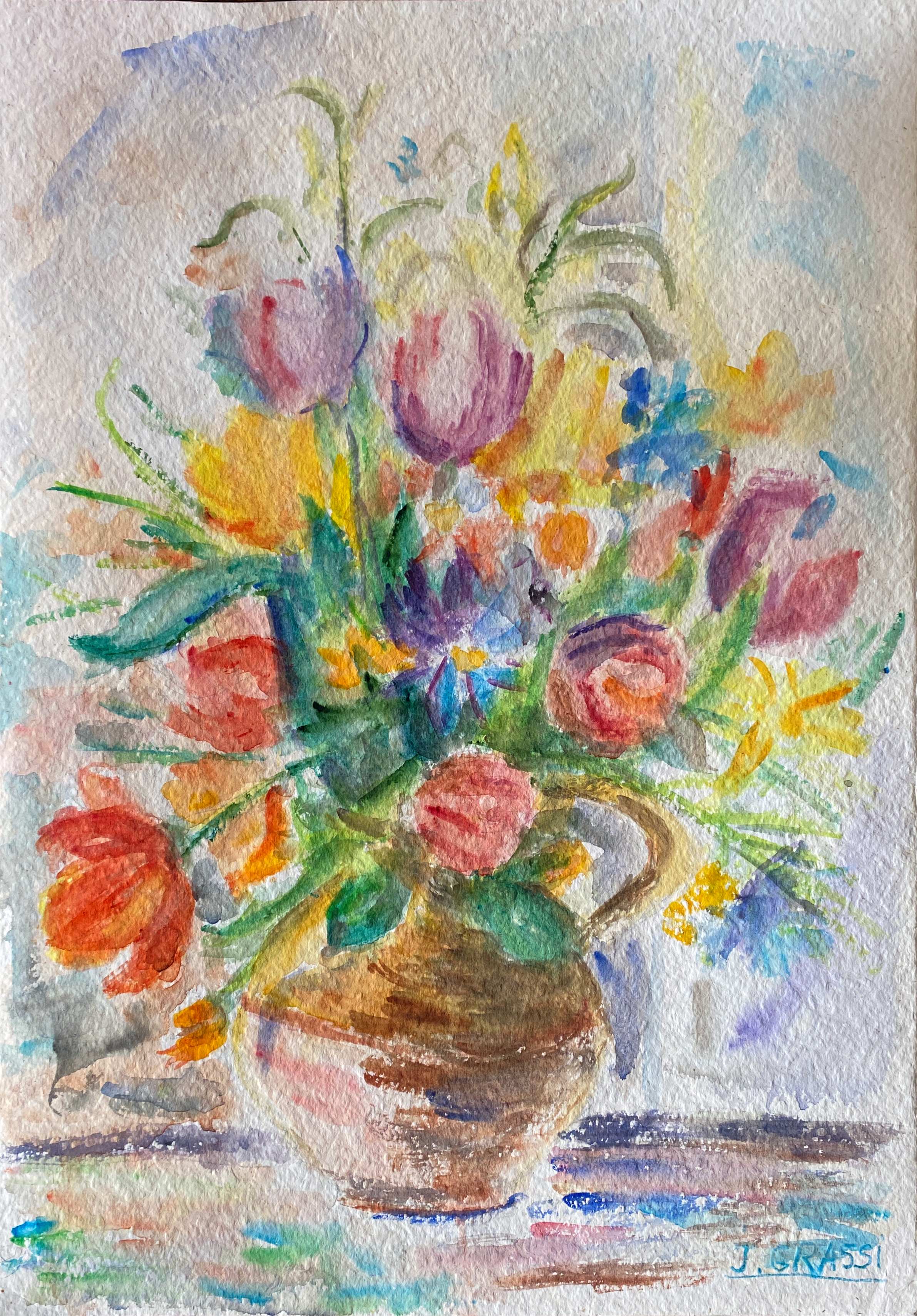Painting "bouquet of flowers" Watercolor signed J. Grassi