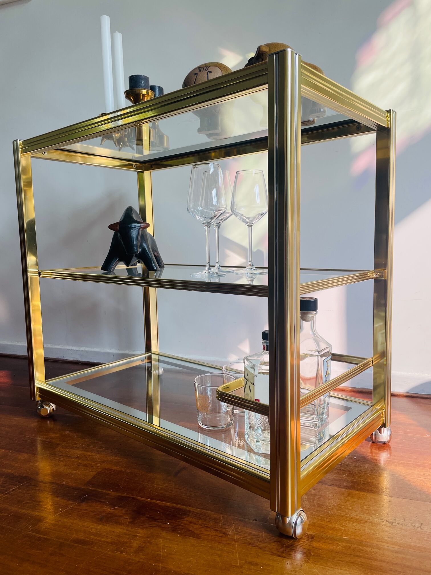 Vintage brass and glass bar cart, 1980