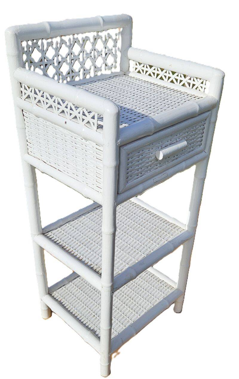 Vintage White Woven Rattan Bedside Table