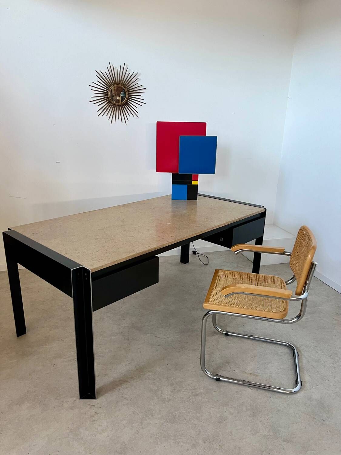Italian design postmodern desk in metal and vintage 80s travertine top
