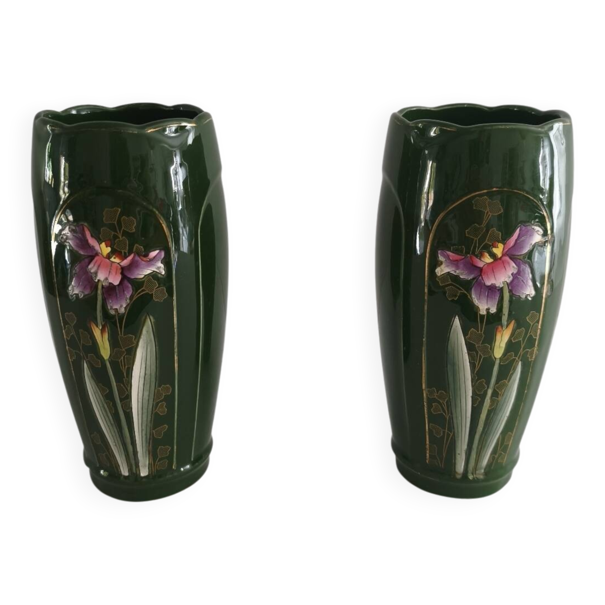 Pair of vintage empire green ceramic vases – Iris decoration & gilding