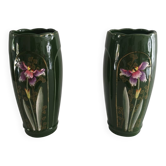 Pair of vintage empire green ceramic vases – Iris decoration & gilding