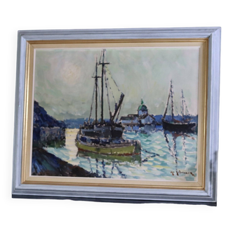 Huile sur toile originale suédoise du milieu du siècle « Nilsson le voilier » par Yo Johnsson - Encadrée