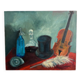 Oil on canvas by Arrabal still life with violin and siphon 20th century