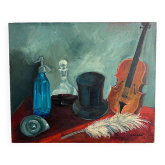 Oil on canvas by Arrabal still life with violin and siphon 20th century