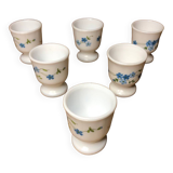 Set of 4 white opaline glass egg cups blue flower decor france vintage #a519