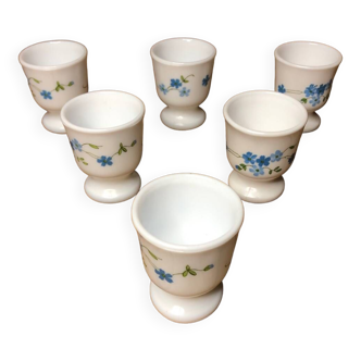 Set of 4 white opaline glass egg cups blue flower decor france vintage #a519