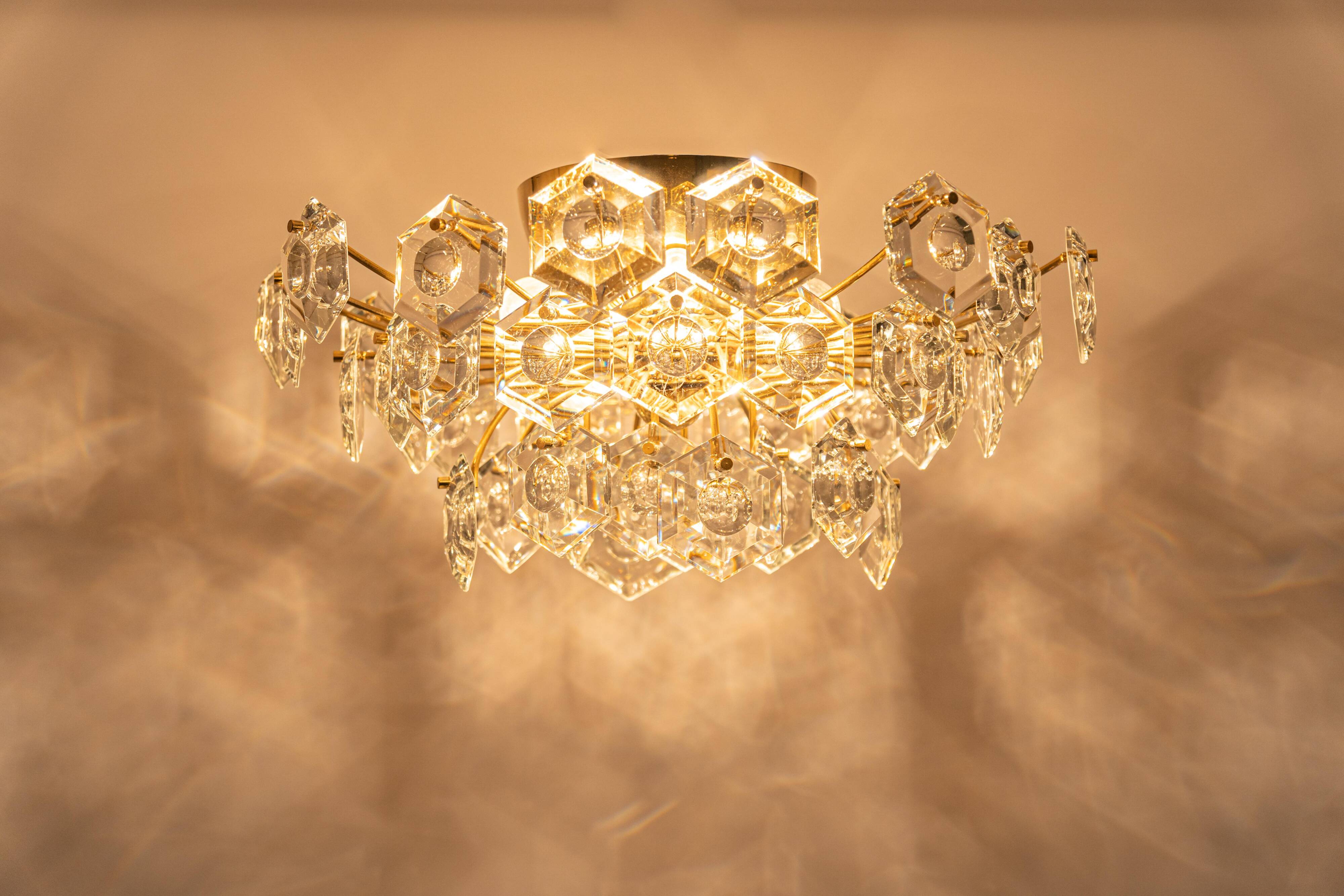 Ceiling light, brass and crystal glass by Kinkeldey, Germany, 1970s.