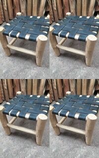 Set of four traditional moroccan stools in black leather and raw wood