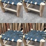 Set of four traditional moroccan stools in black leather and raw wood