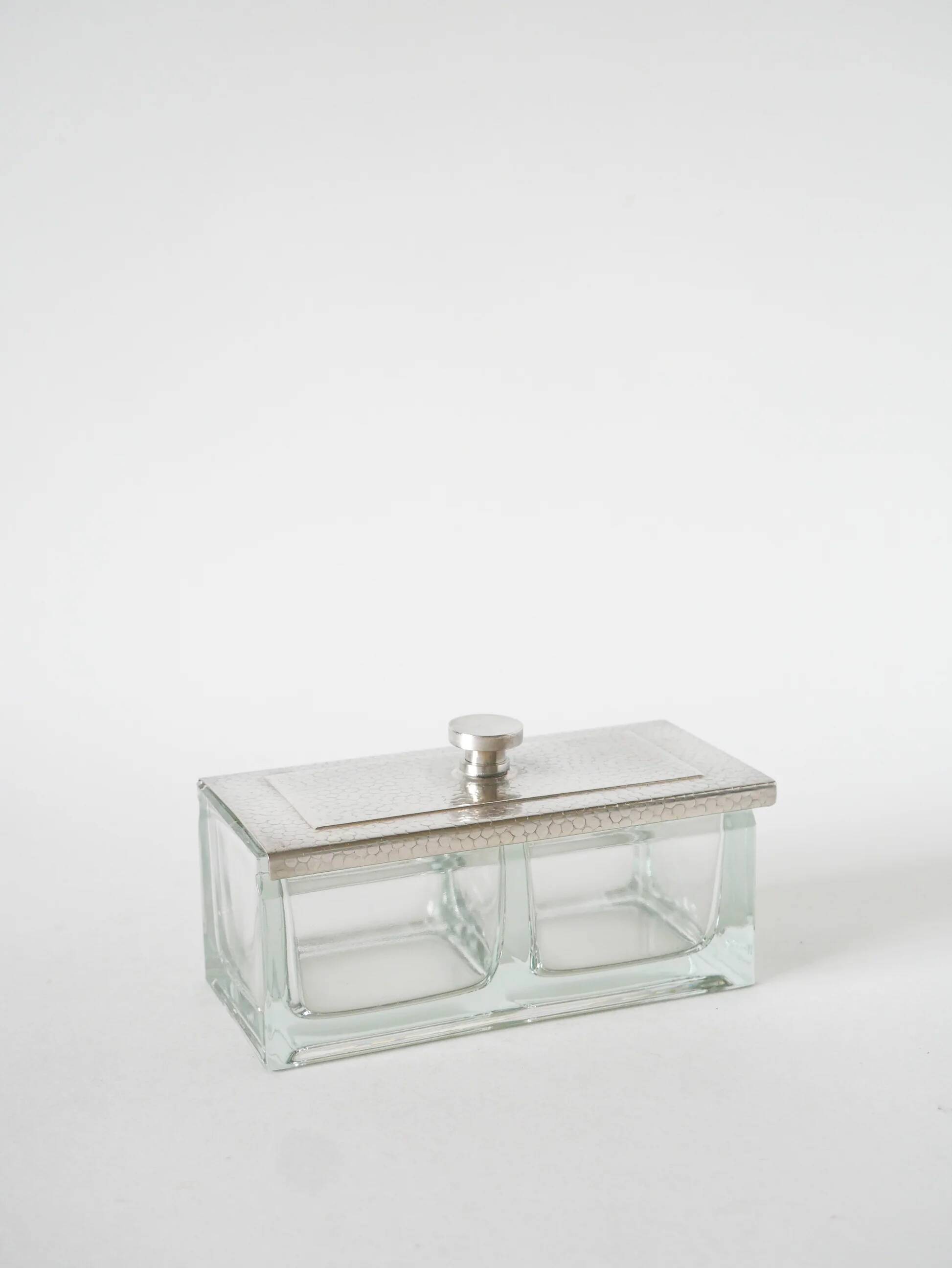 Silver-plated and glass condiment pot, 1930