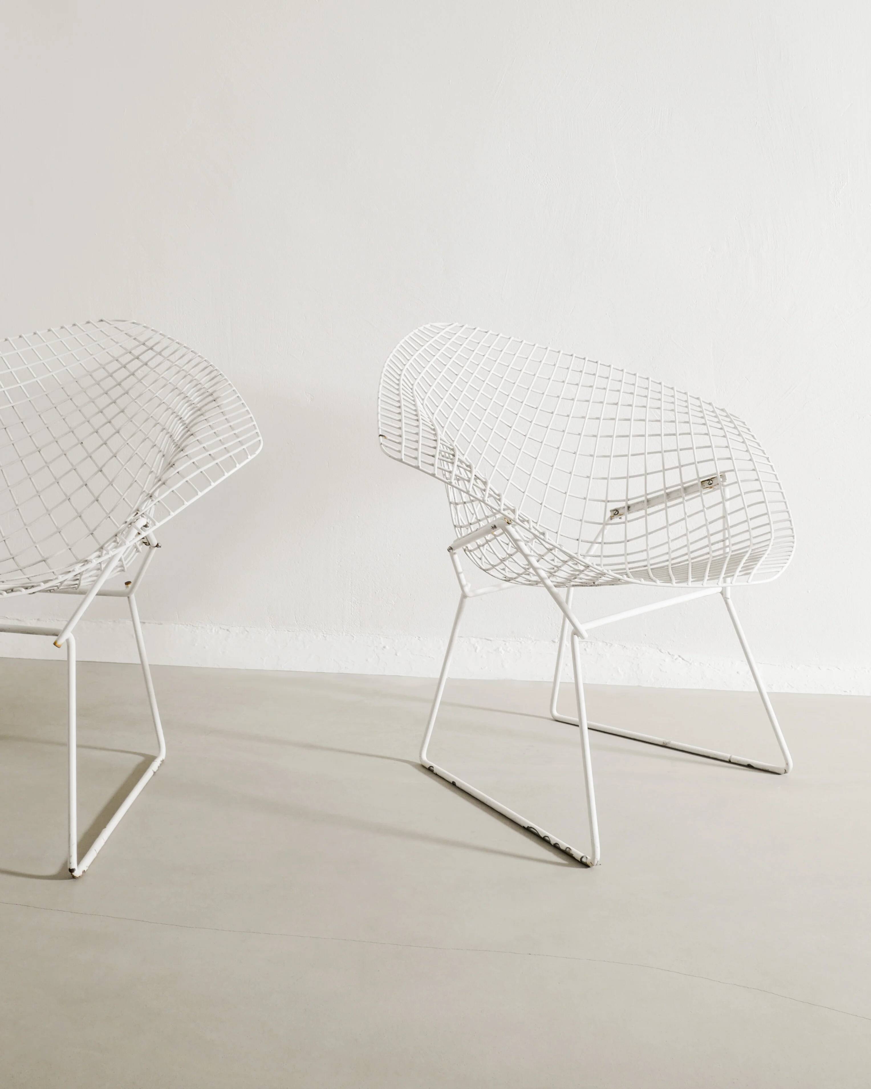 Vintage Mid Century White Metal Diamond Chairs by Harry Bertoia, 1950s