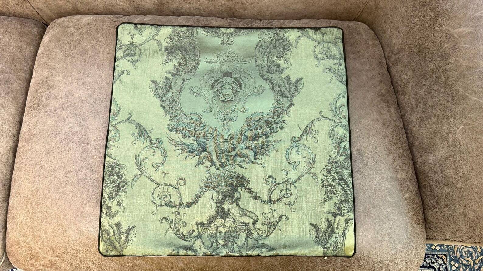 Neoclassical Medusa Medallion Cushion, Black Piped Jacquard Pillow Cover