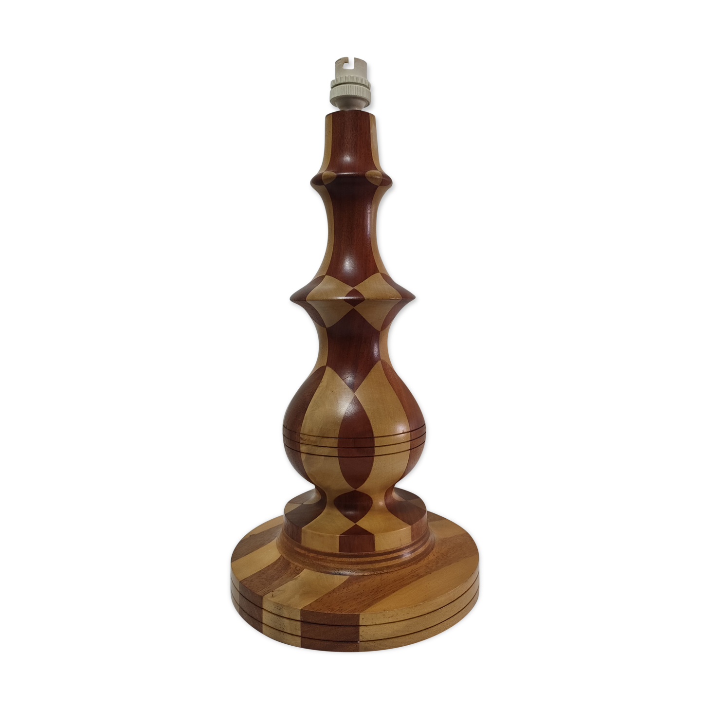 Turned wooden lamp and vintage wood inlay