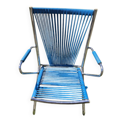 Chaise scoubidou enfant vintage structure métal chromé et assise bleue