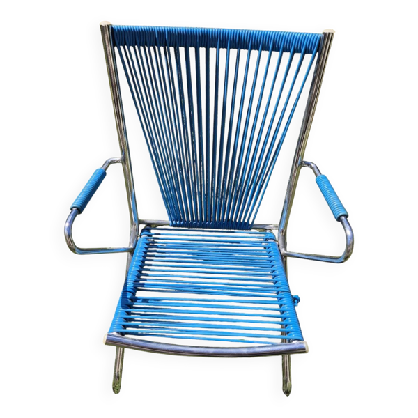 Chaise scoubidou enfant vintage structure métal chromé et assise bleue