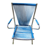Vintage children's scoubidou chair with chrome metal frame and blue seat