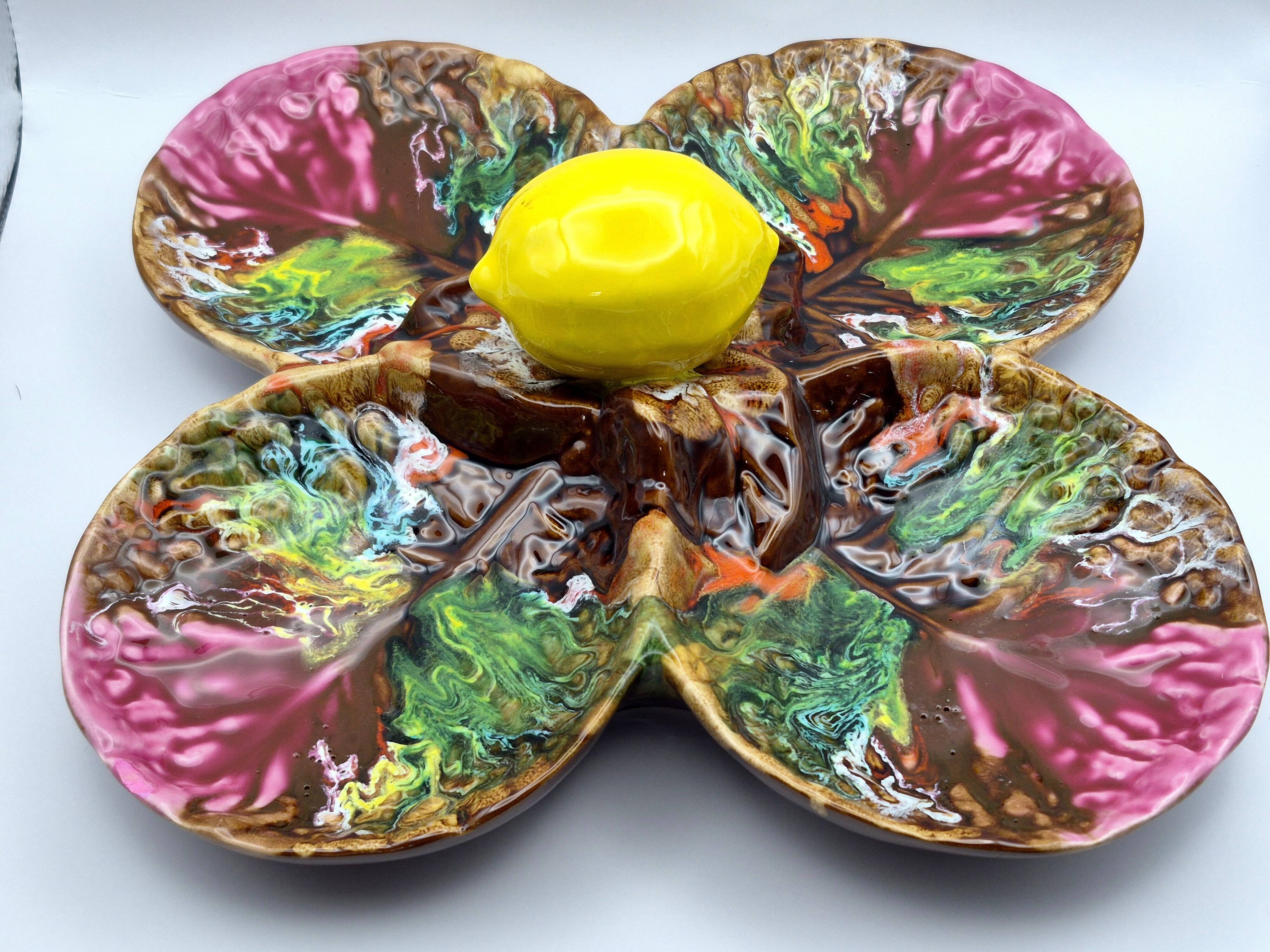 Vintage Vallauris A.M. plate – quadrilobed enamelled bowl with lemon – 50s