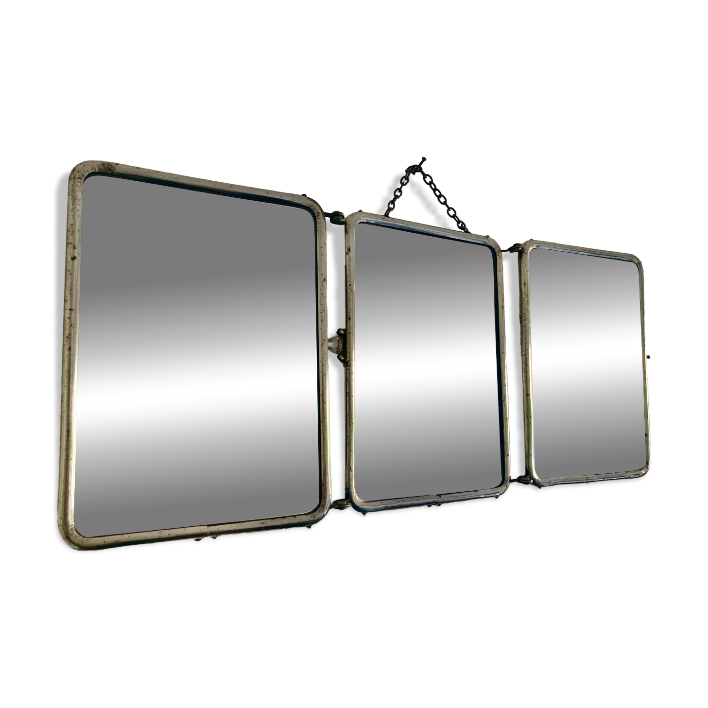 Vintage 1940s chocolate chrome barber triptych mirror - 21 x 49 cm