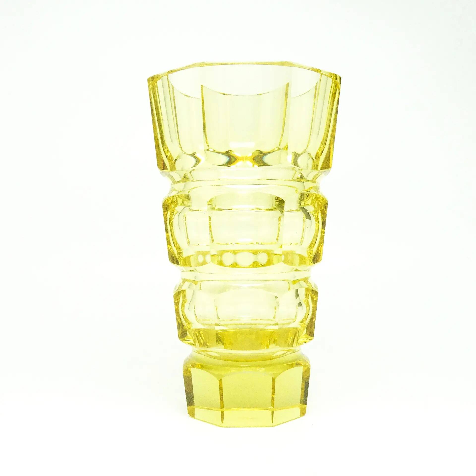 Art Deco vase, yellow crystal, design by J. Hoffmann, Moser, Czechoslovakia, 1930s