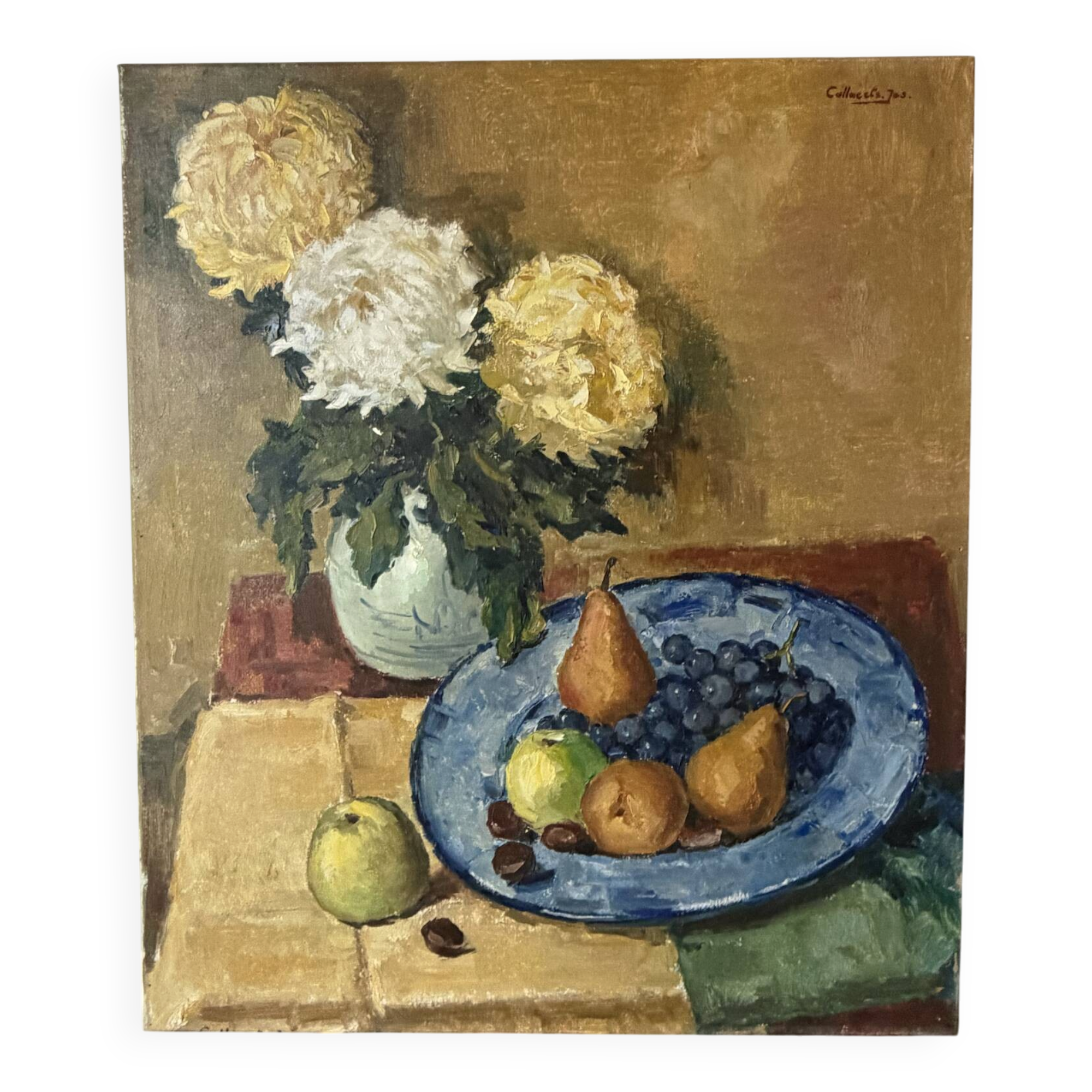 Fleurs et fruits, huile sur toile signée 1970