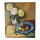 Fleurs et fruits, huile sur toile signée 1970