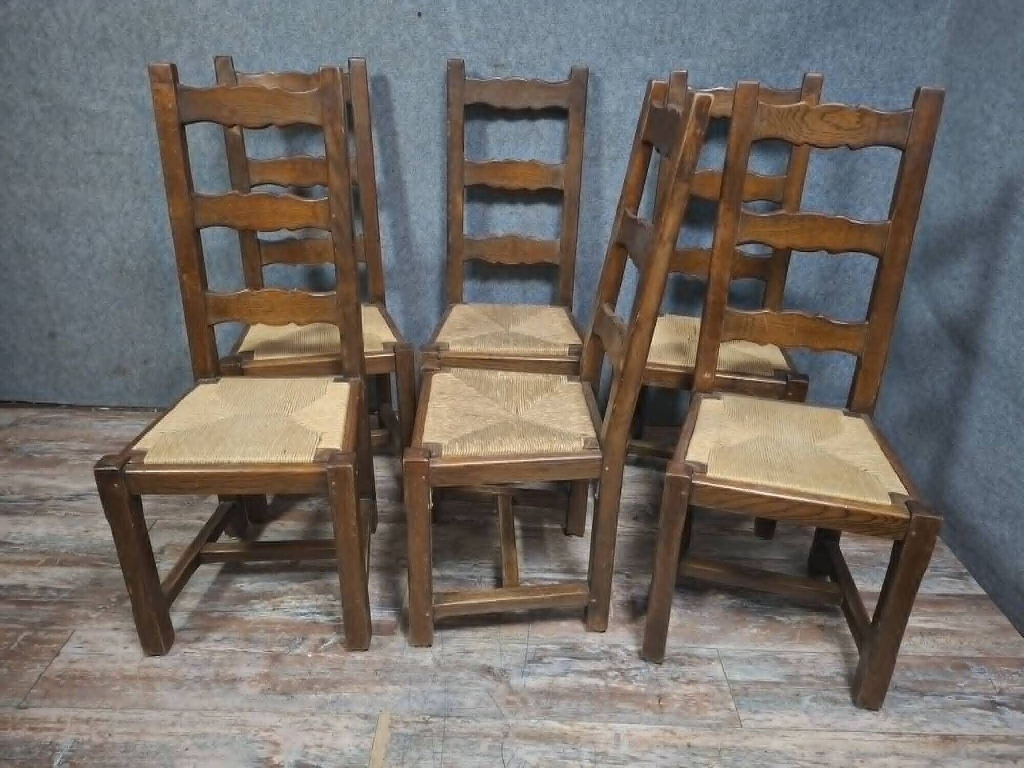 Set of six rustic chairs in natural wood, regional French craftsmanship.
