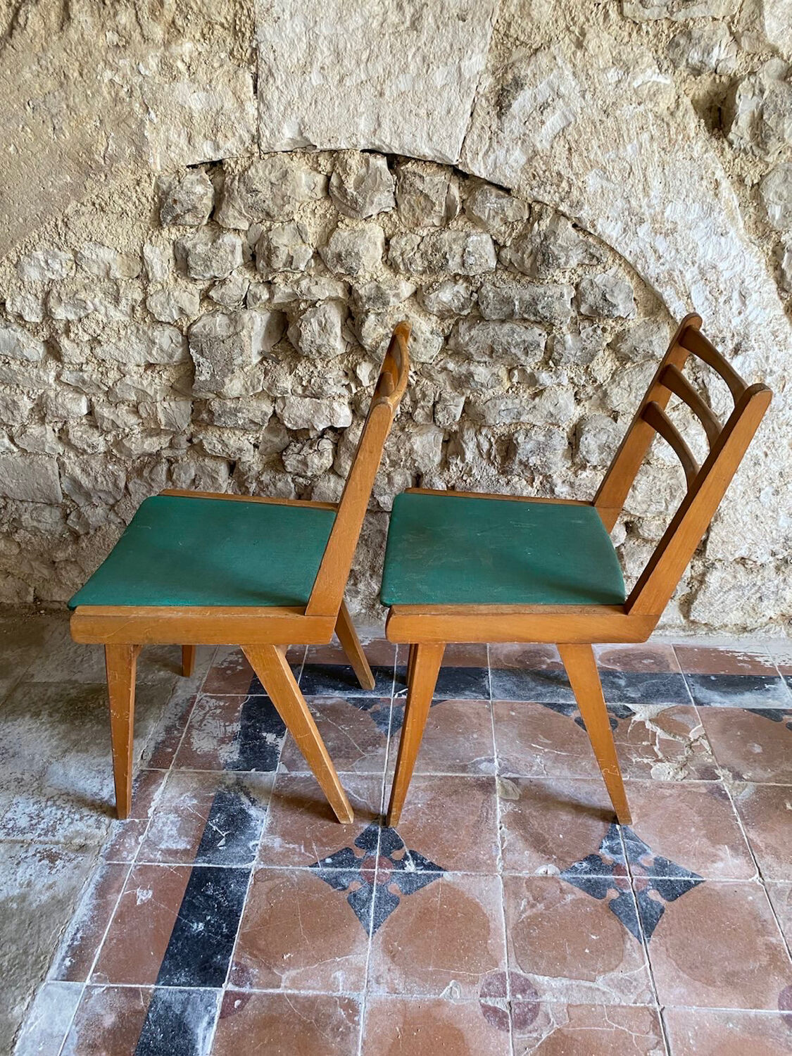 Vintage chairs 1950s/60s wood seat duck green fabric