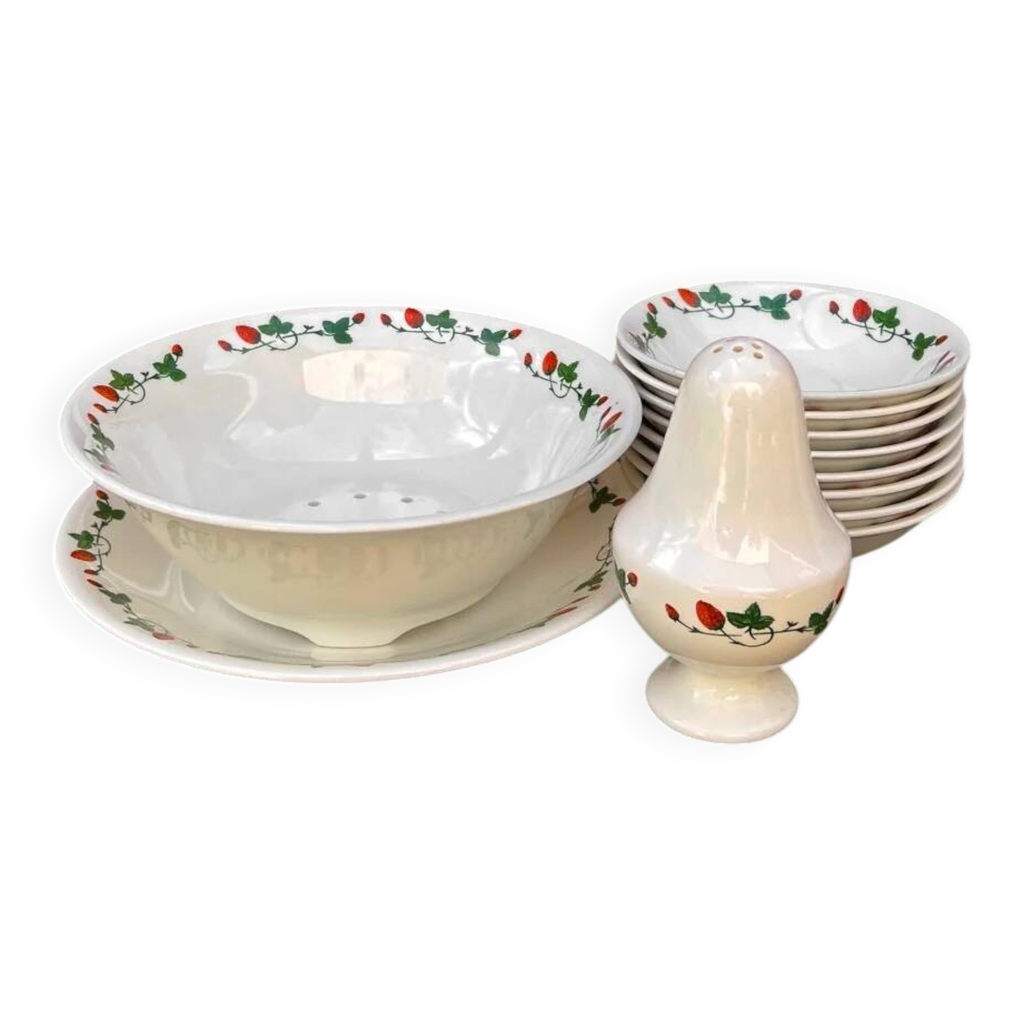 Service à fraises Gien en faïence blanche décor fraises des bois - années 70-80