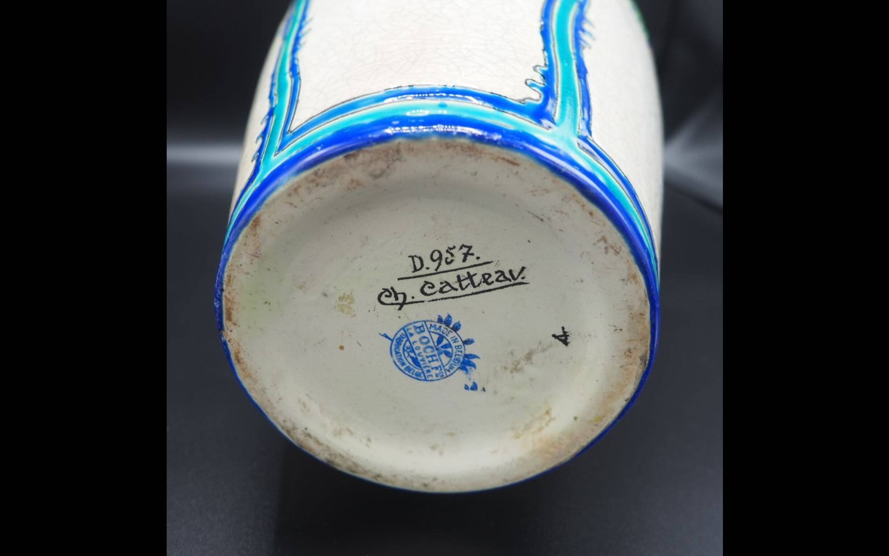 Charles Catteau vase, Kéramis Boch in tall ceramic Belgium Art Deco 1925