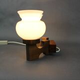 Czechoslovak wall lamp from the 1960s with Valasske Mezirici glass and a wooden base.