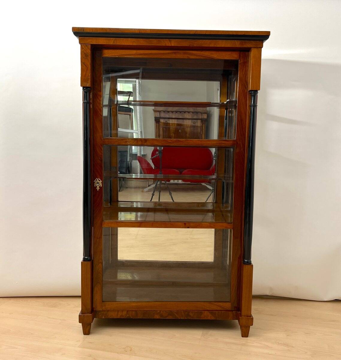 Biedermeier Vitrine in Walnut & Brass with Three Sides Glazed, South Germany, 1830