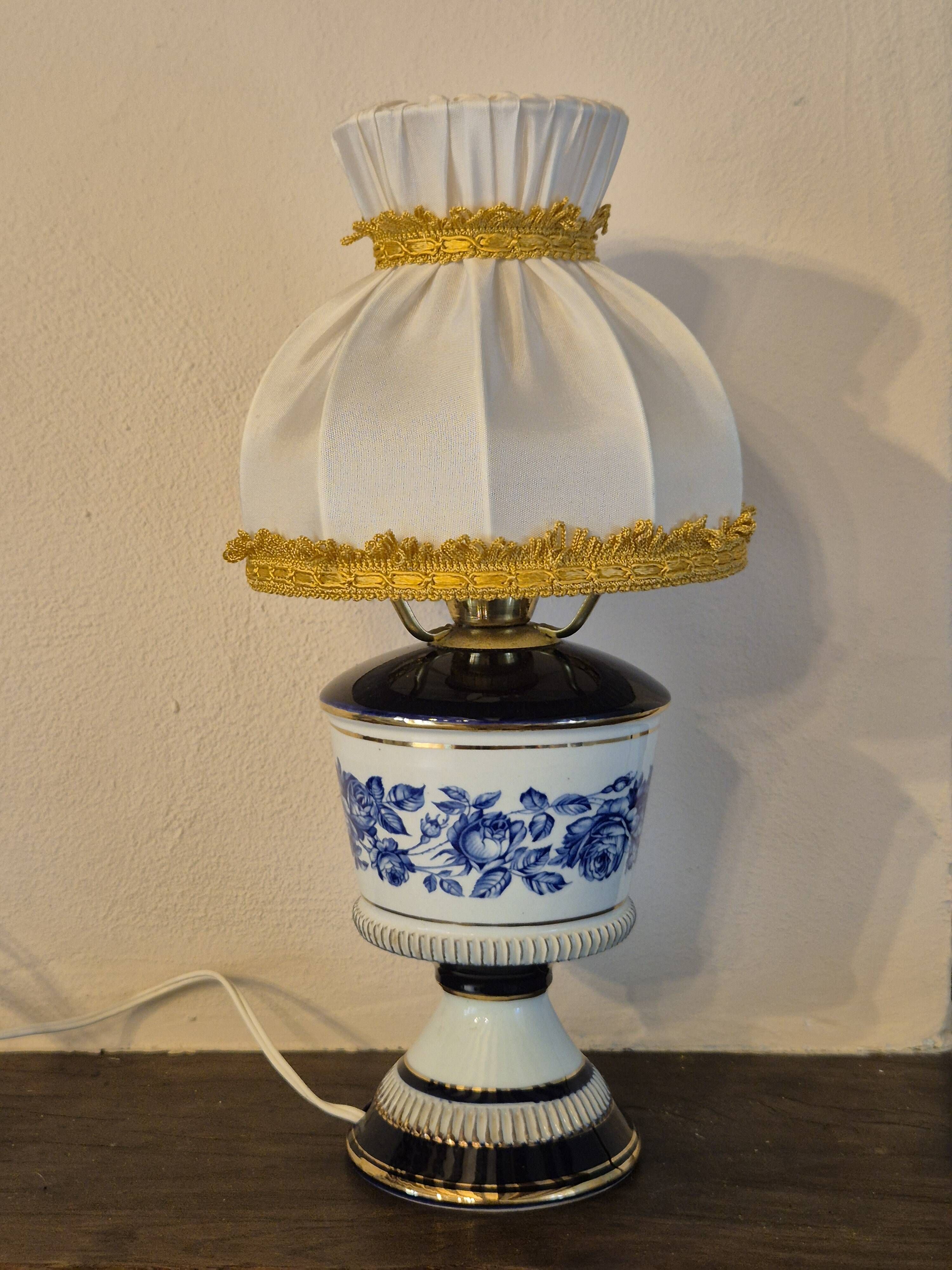 Italian Porcelain Table Lamp - Hand-painted,  blue and white floral