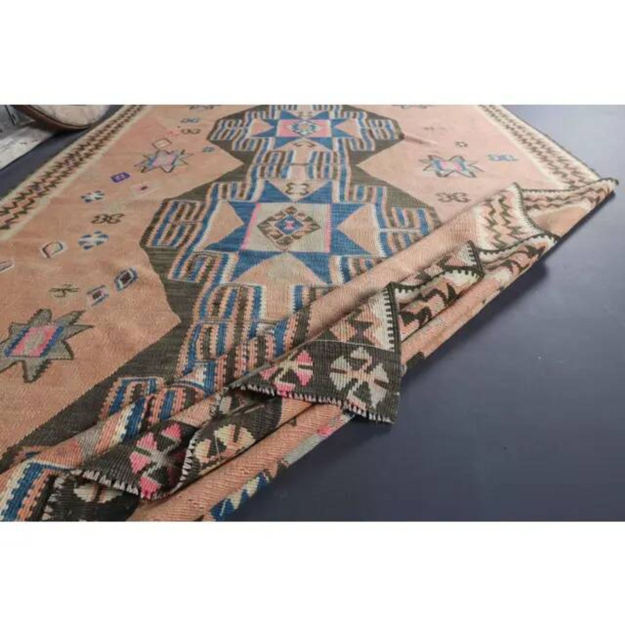 Vintage Turkish Oushak Handmade Cotton Orange Wool Kilim Runner Rug 170x404