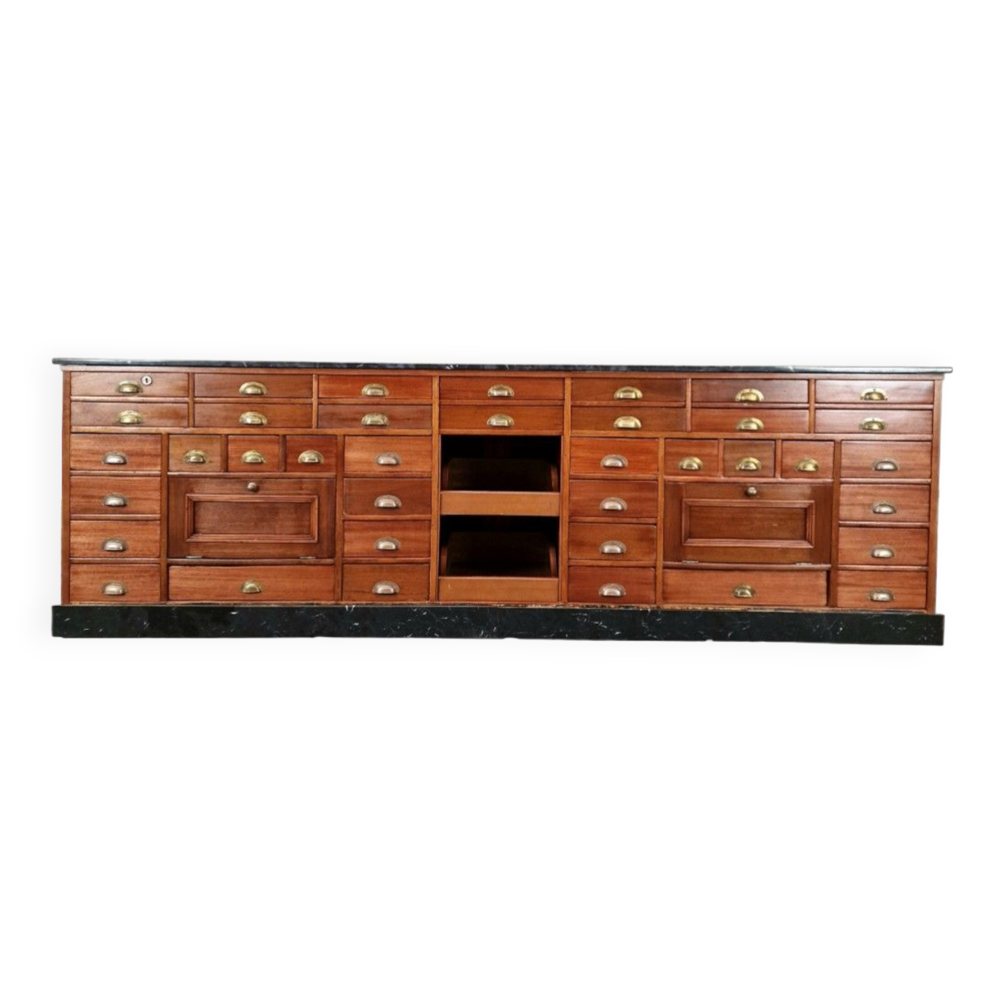 Grand comptoir d’apothicaire Art déco antique en acajou et comptoir de pharmacie en marbre noir, 1909